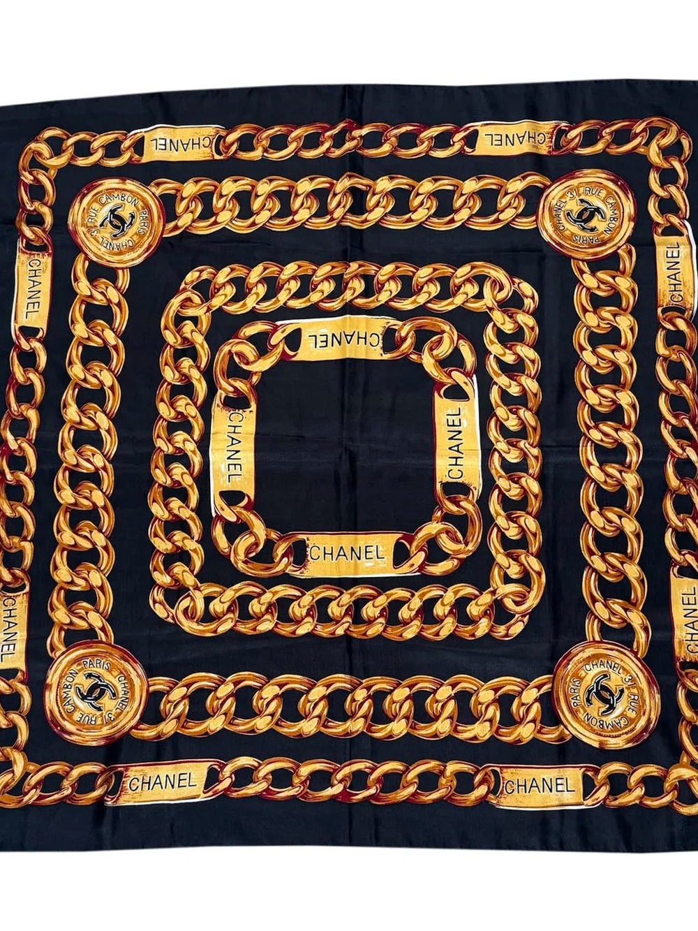 Vintage Chanel Chain Print Black / Gold Scarf
